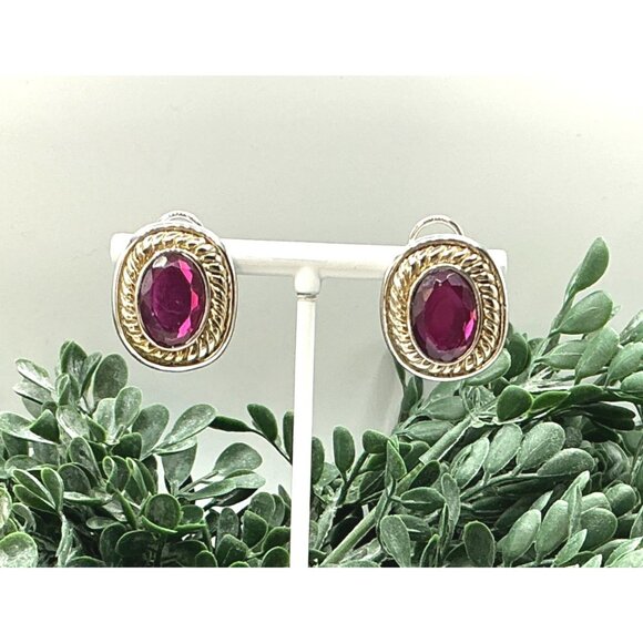 Vintage Silver-Toned Earrings With Oval Fuchsia Resin Gemstones Elegant Gold ton - Picture 7 of 8